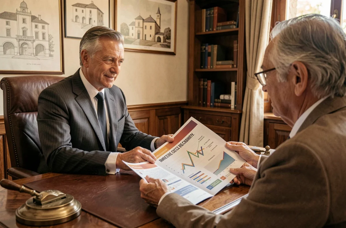 Gestionnaire de patrimoine d'A7 Patrimoine expliquant une stratégie multi-actifs à des clients en Occitanie