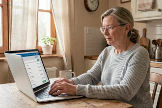 Femme utilisant son ordinateur portable pour accéder à son compte Caisse d'Epargne en ligne depuis sa cuisine