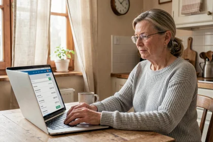 Femme utilisant son ordinateur portable pour accéder à son compte Caisse d'Epargne en ligne depuis sa cuisine