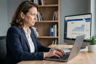 Femme consultant son compte Crédit Maritime Grand Ouest sur ordinateur portable depuis son bureau à domicile