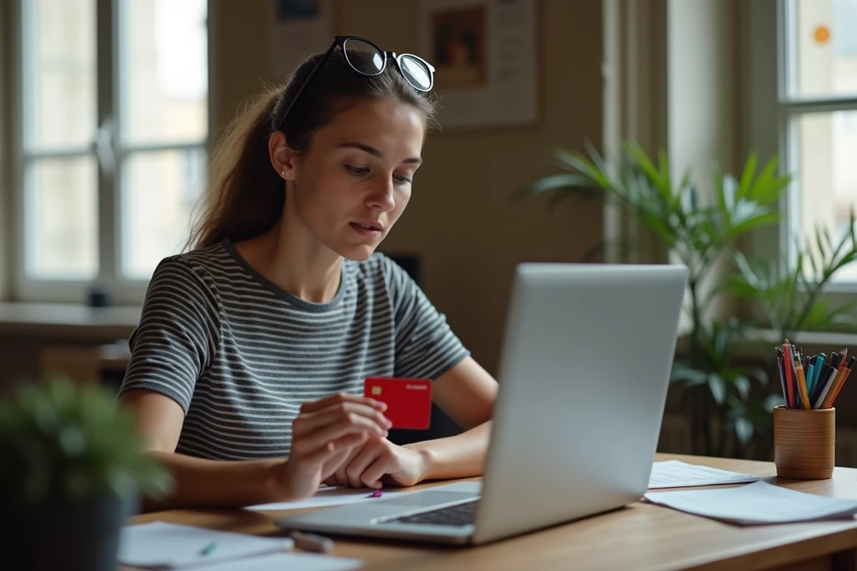 Jeune femme effectuant un achat en ligne avec sa carte prépayée La Poste depuis son appartement parisien