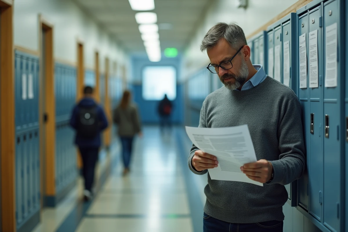 AESH homme lisant son contrat de travail dans un couloir d'école, calcul d'heures de travail