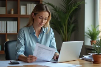 AESH femme vérifiant ses fiches de paie et calculs de salaire à son bureau à domicile