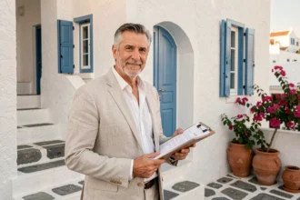 Agent immobilier grec devant une maison blanche traditionnelle à Santorin, illustrant l'investissement en SCPI grecque