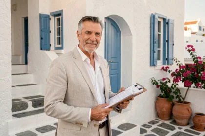 Agent immobilier grec devant une maison blanche traditionnelle à Santorin, illustrant l'investissement en SCPI grecque