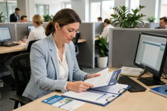 Agente de la fonction publique comparant des offres de mutuelles santé à son bureau administratif