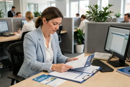 Agente de la fonction publique comparant des offres de mutuelles santé à son bureau administratif