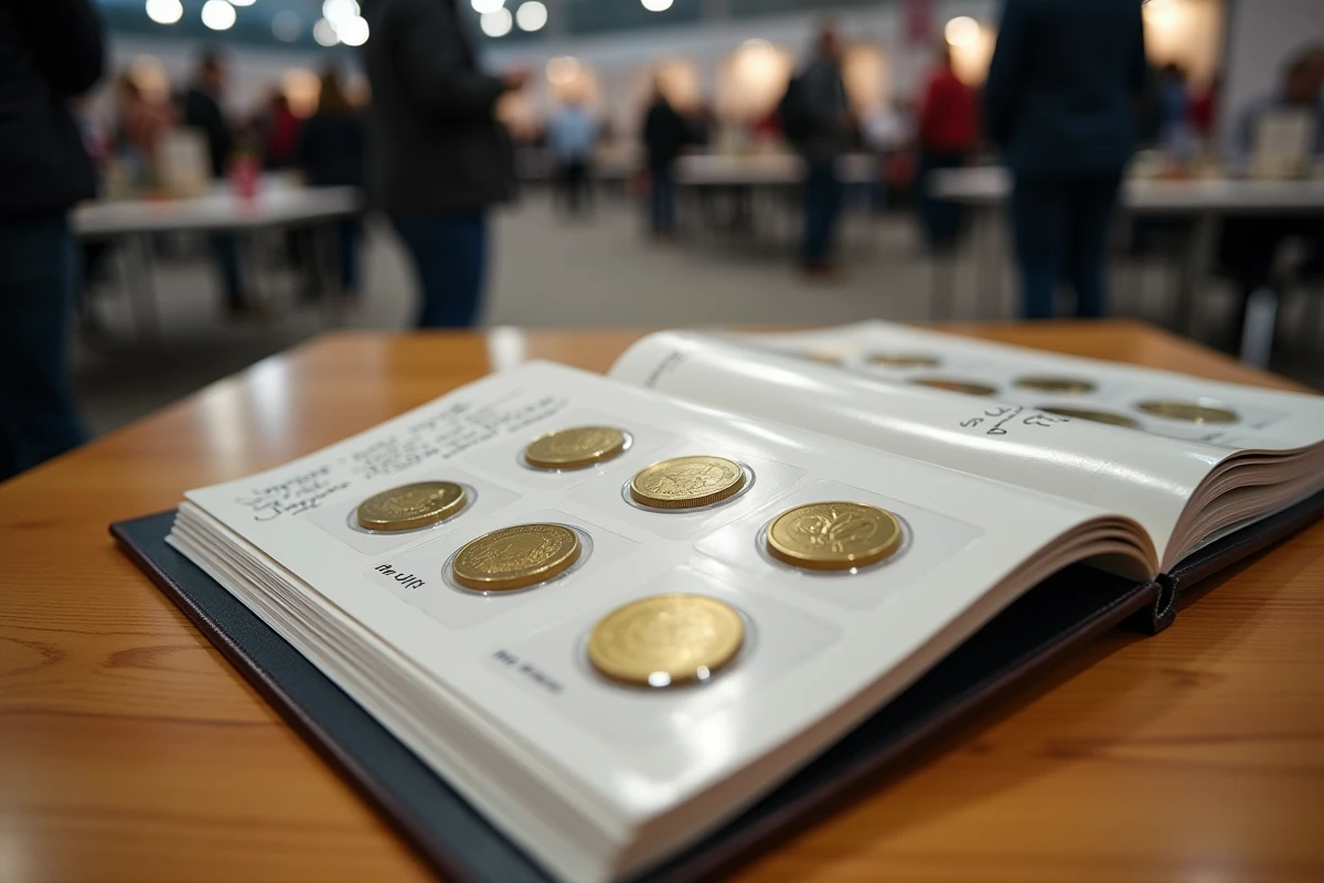 Album de collection numismatique ouvert présentant plusieurs pièces de 2 euros Jeux Olympiques 2026 dans leurs protections transparentes lors d'un salon de numismatique