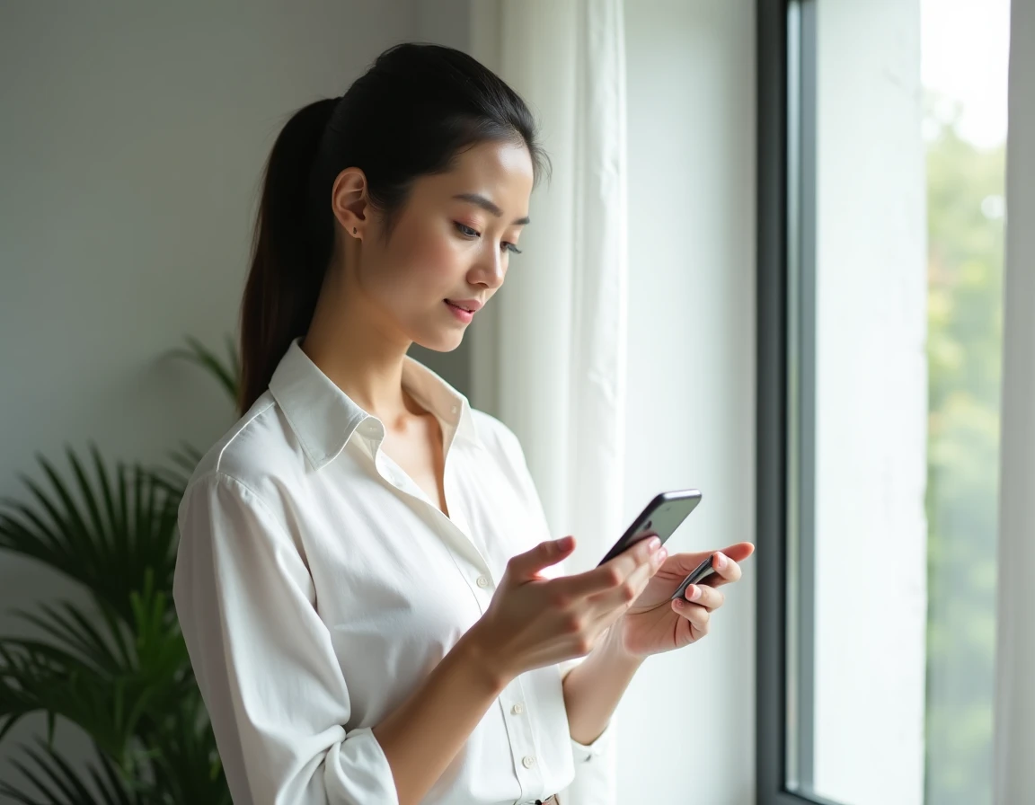 Jeune femme lisant une alerte de sécurité sur son téléphone avant de contacter Lydia