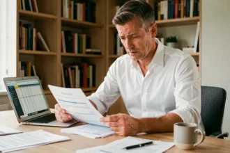 Homme analysant les frais de souscription d'une SCPI sur des documents financiers dans un bureau à domicile