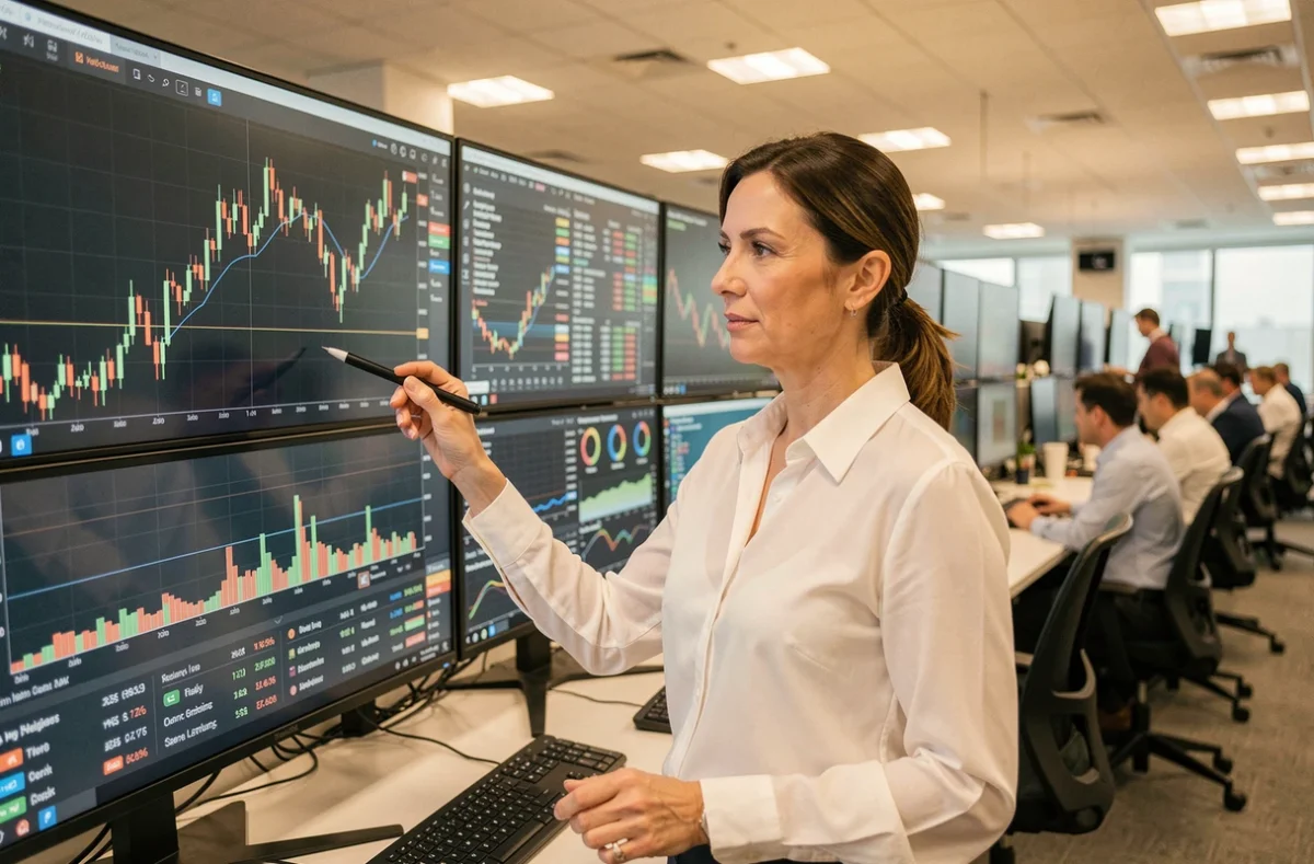 Analyste boursière pointant des graphiques de prévisions financières 2026 sur des écrans de trading
