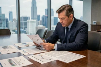 Analyste financier en costume marine étudiant des prévisions boursières pour 2026 dans une salle de réunion corporate