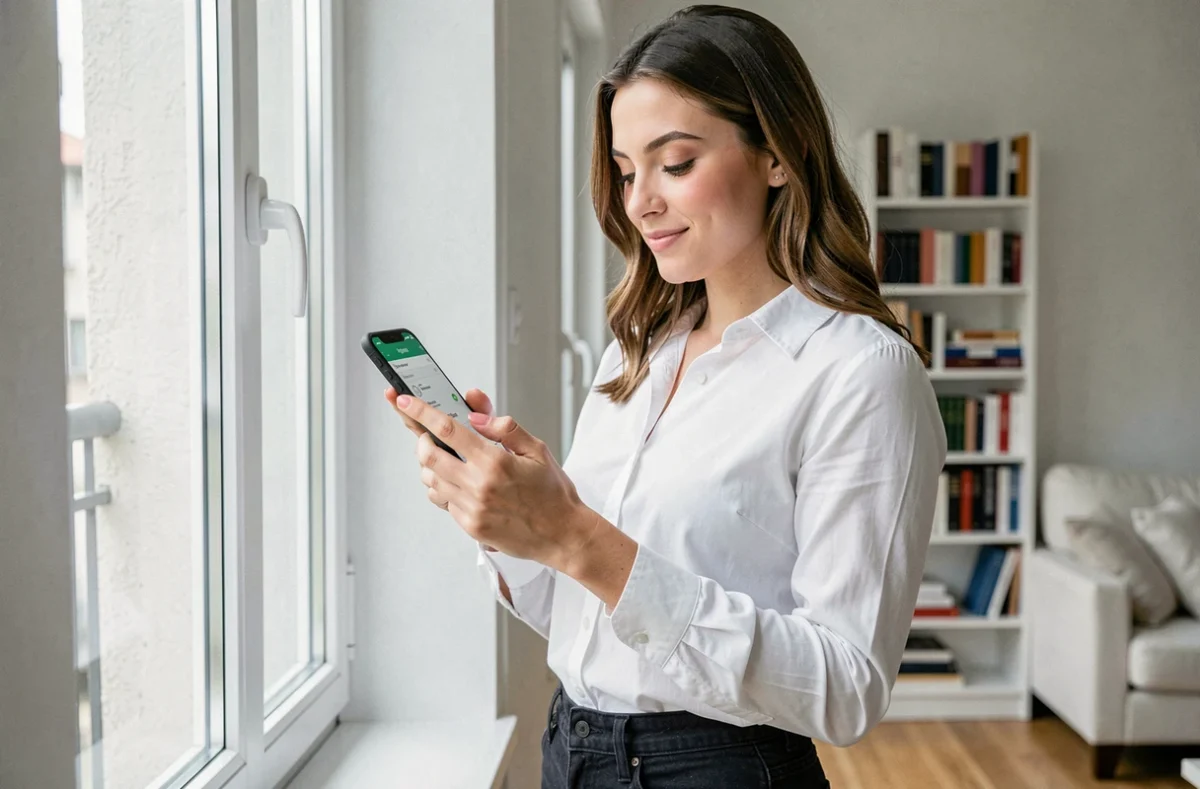 Jeune femme consultant son compte Caisse d'Epargne sur l'application mobile depuis son appartement