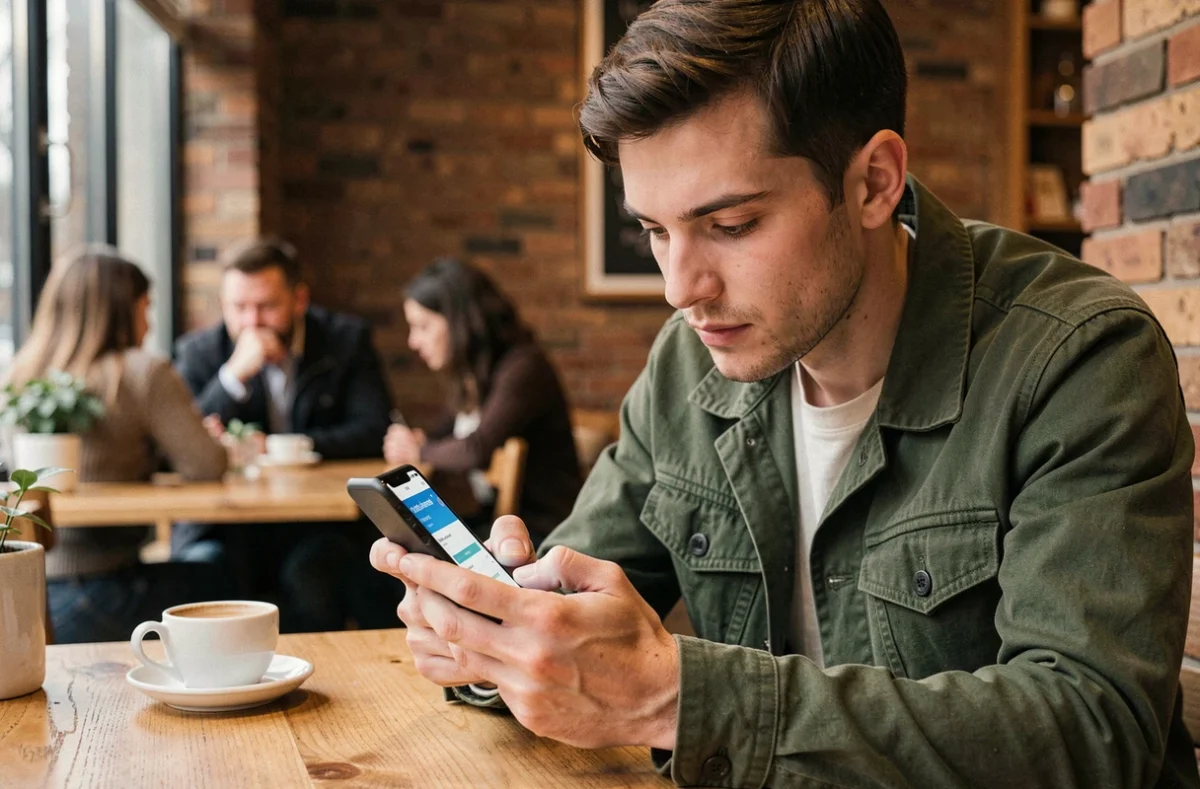 Jeune homme accédant à ses comptes Crédit Maritime Grand Ouest via une application mobile dans un café