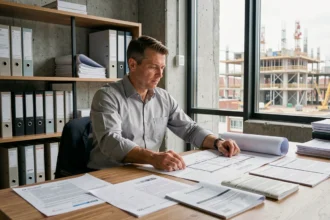 Architecte indépendant examinant des documents d'assurance RC pro et décennale sur son bureau dans un cabinet professionnel moderne