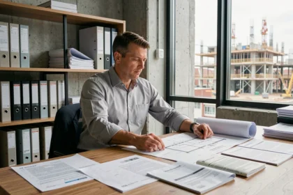 Architecte indépendant examinant des documents d'assurance RC pro et décennale sur son bureau dans un cabinet professionnel moderne