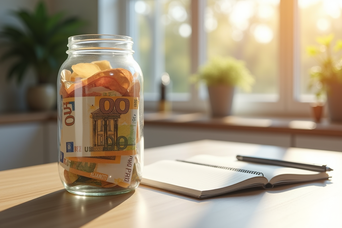 Pot de billets de 50 et 100 euros avec un carnet de notes sur une table ensoleillee