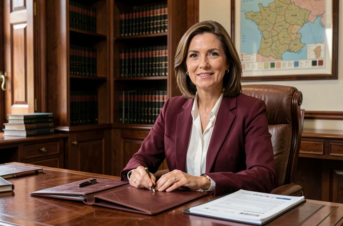 Courtière Artemis Courtage dans un bureau haut de gamme avec des dossiers de crédit immobilier ouverts sur un bureau en acajou