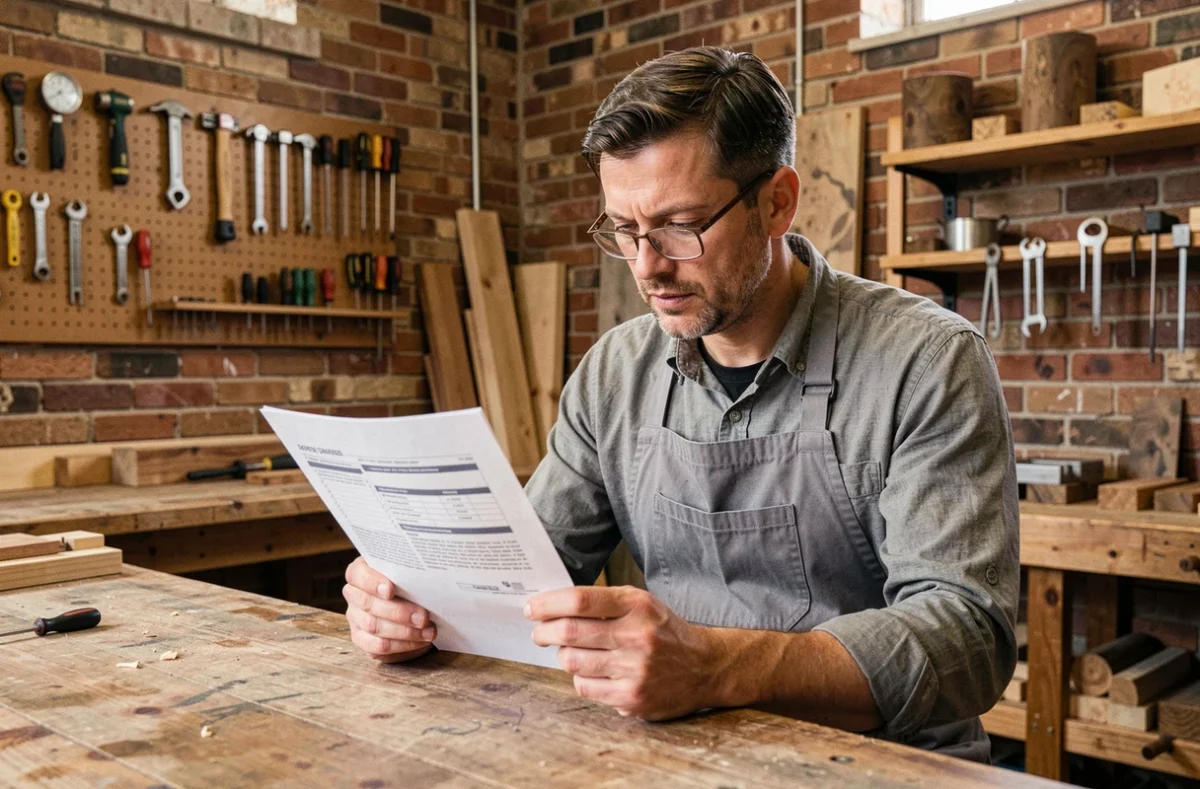 Artisan indépendant consultant un contrat d'assurance professionnelle dans son atelier de travail
