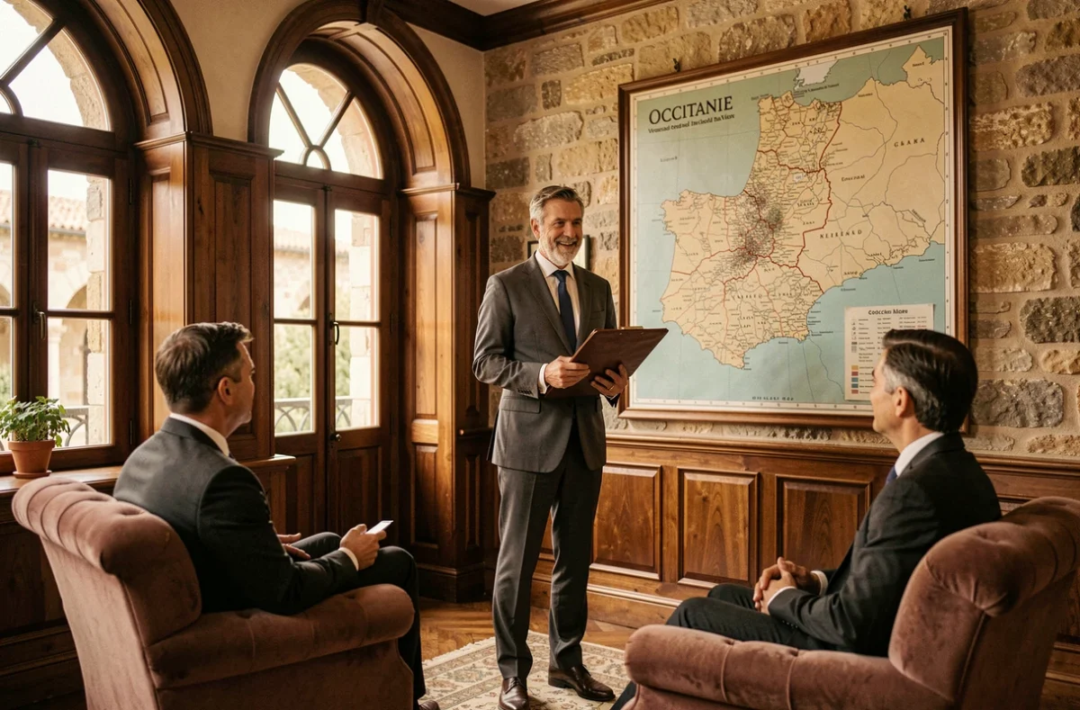 Conseiller patrimonial d'As Conseil et Patrimoine présentant des solutions financières dans un bureau en Occitanie