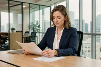 Femme professionnelle en blazer marine étudiant des documents d'assurance activité professionnelle dans un bureau moderne