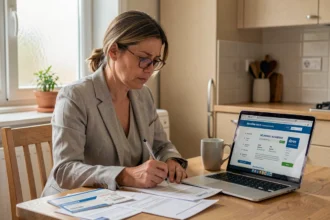 Femme consultant une assurance annulation voyage après l'achat d'un billet d'avion à son domicile