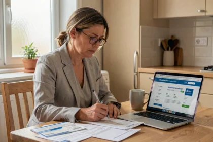 Femme consultant une assurance annulation voyage après l'achat d'un billet d'avion à son domicile
