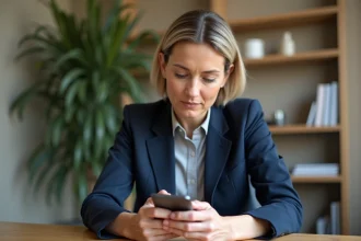Femme utilisant l'authentification forte sur l'application Société Générale Particuliers depuis son bureau à domicile
