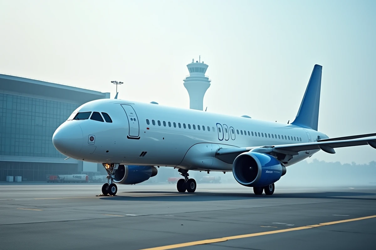 Avion Airbus A320 sur le tarmac d'un aéroport commercial illustrant les perspectives boursières du secteur aéronautique