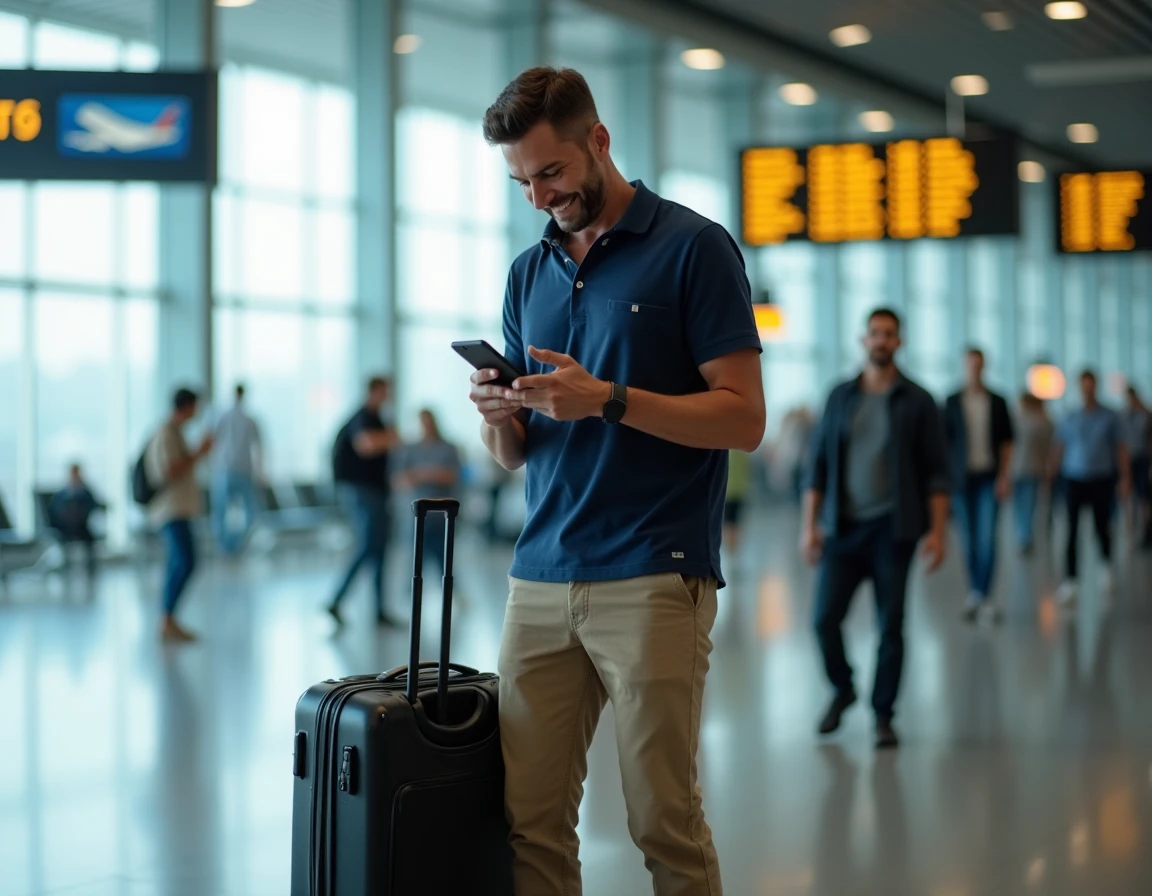 Homme vérifiant des avis sur son assurance voyage dans un aéroport avant un départ aux USA