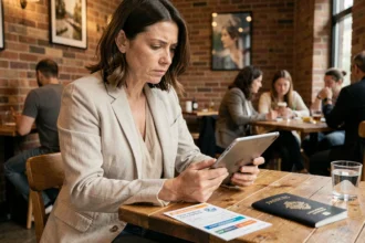 Femme consultant des avis sur une assurance voyage aux États-Unis sur une tablette dans un café