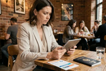 Femme consultant des avis sur une assurance voyage aux États-Unis sur une tablette dans un café