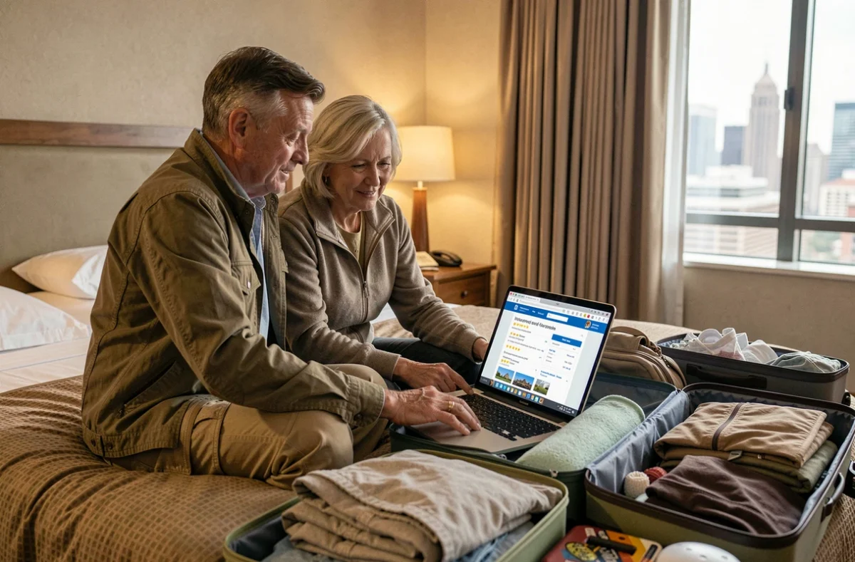 Couple comparant des avis sur des assurances voyage aux États-Unis sur un ordinateur portable dans une chambre d'hôtel