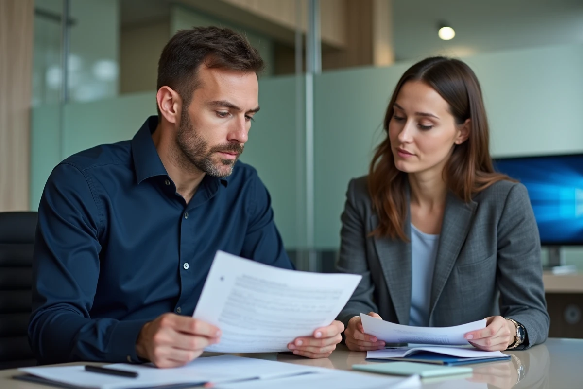 Client présentant un bordereau de situation amendes à un conseiller bancaire lors d'une réunion professionnelle