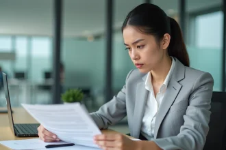 Femme consultant un bordereau de situation administrative pour un dossier bancaire dans un bureau moderne