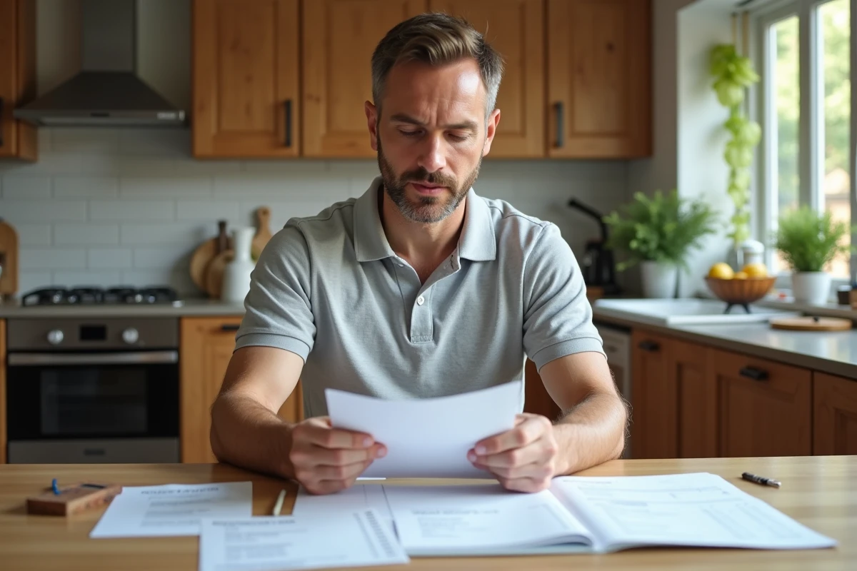 Homme consultant ses reçus et planifiant son budget rentrée avec un chèque différé Cora à la maison