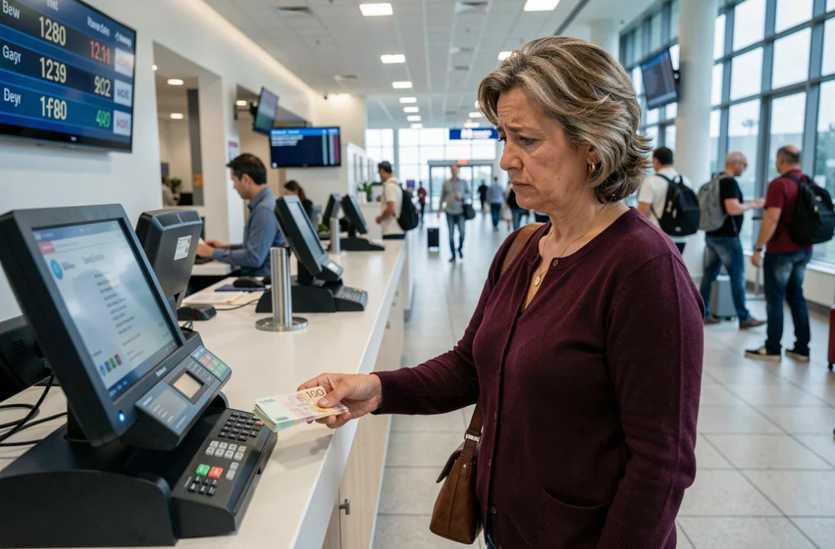 Femme échangeant des dirhams marocains contre des euros au bureau de change d'un aéroport