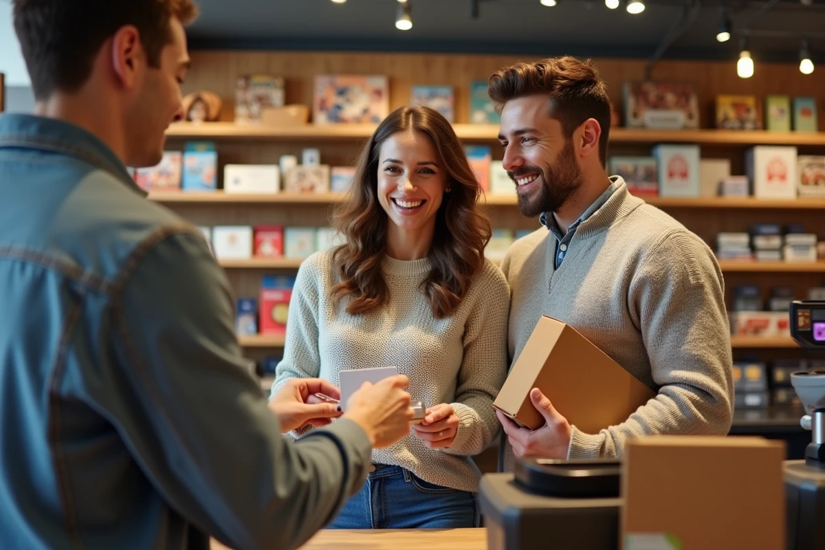 Couple utilisant une carte cadeau Cadhoc en magasin de loisirs pour acheter un jeu de société