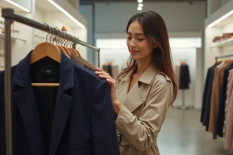 Femme faisant du shopping dans une boutique de mode avec sa carte Cadhoc, examinant un blazer sur un portant