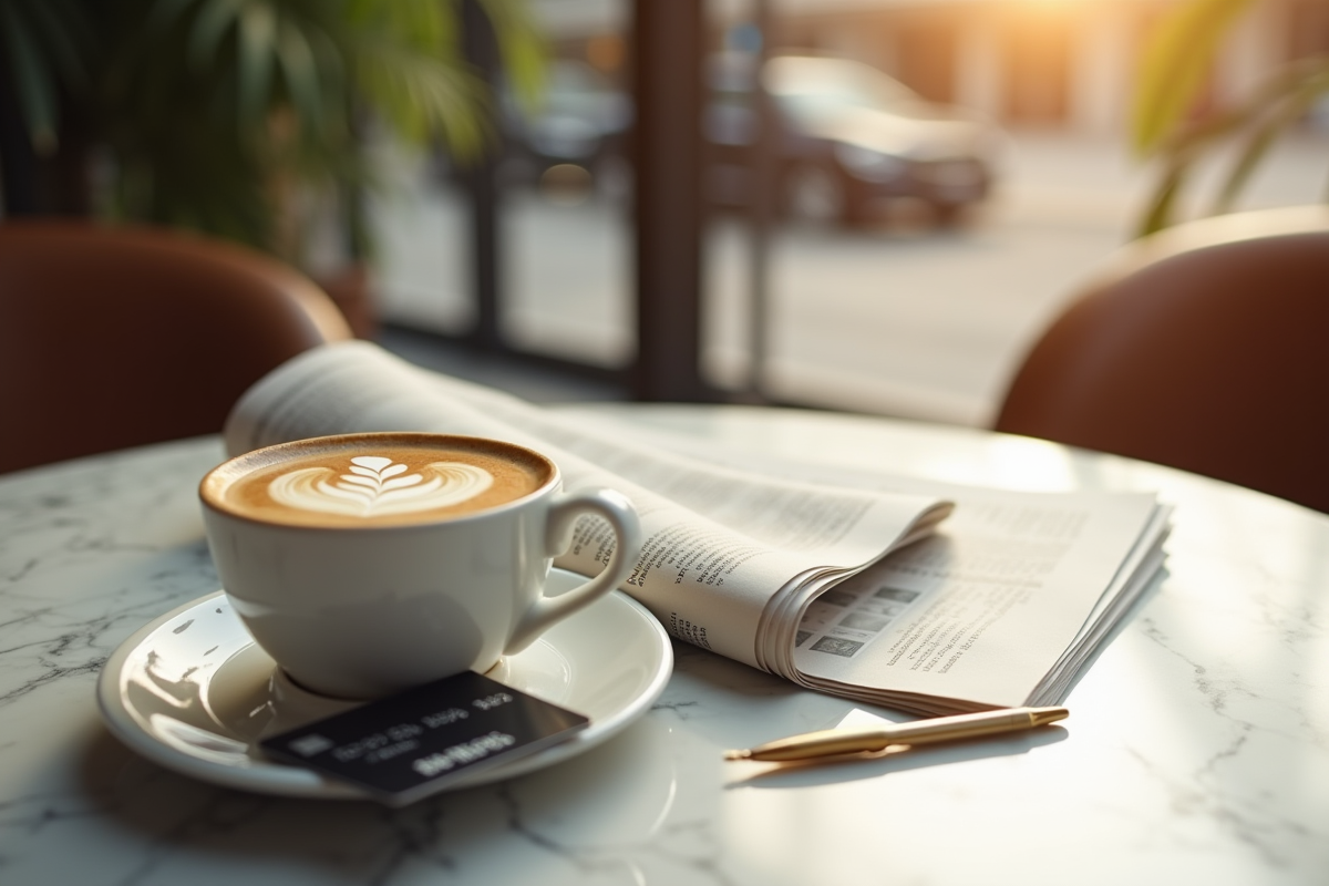 Scene de style de vie luxe avec une carte noire et un cafe artisanal sur une table en marbre