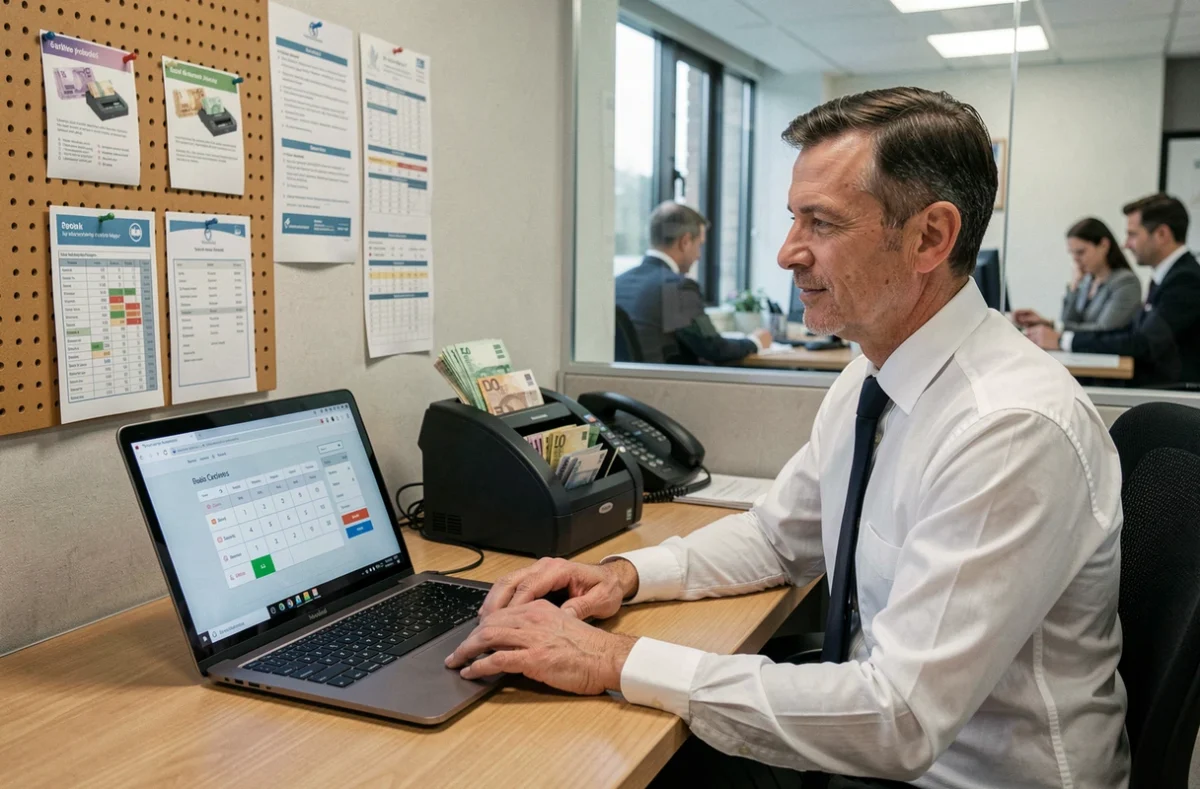 Caissier masculin utilisant une calculatrice en ligne pour distributeur de billets sur ordinateur portable au bureau