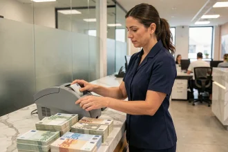 Caissière de banque utilisant un distributeur de billets professionnel au comptoir avec des liasses d'euros triées