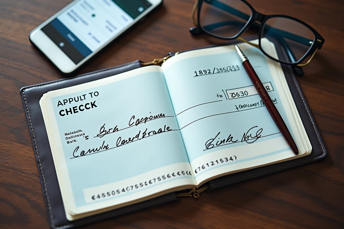 Carnet de chèques ouvert avec montant inscrit et application bancaire sur smartphone