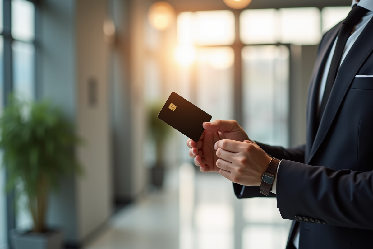 Carte de credit noire élégante tenue par une personne bien habillée dans un bureau moderne