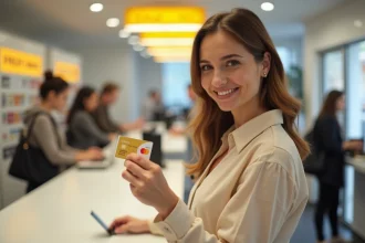 Femme tenant une carte prépayée La Poste au guichet d'un bureau de poste moderne en France