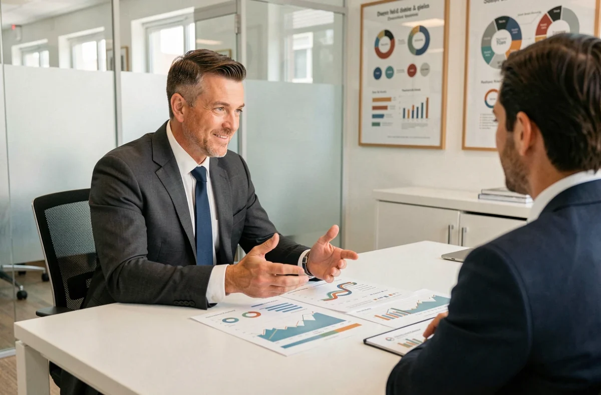 Conseiller en investissement financier de Censeo Patrimoine présentant des stratégies de diversification à un client