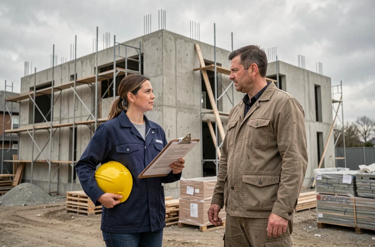 Cheffe de chantier et son collègue discutant des garanties d'assurance décennale et RC pro devant un bâtiment en construction