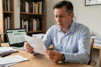 Homme stressé tenant un chèque sans provision rejeté par sa banque, assis à un bureau avec des documents financiers épars