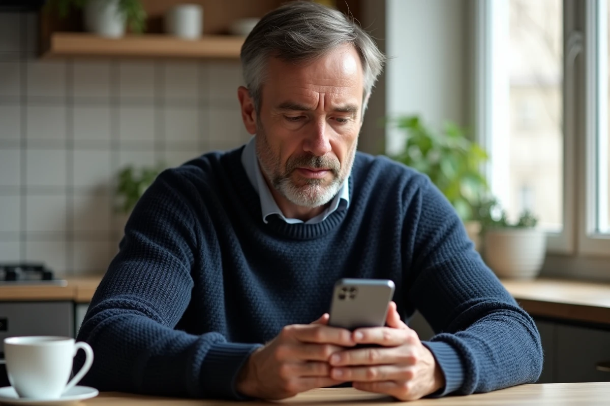 Un homme utilisant l'application mobile de La Banque Postale pour contacter le service client depuis chez lui
