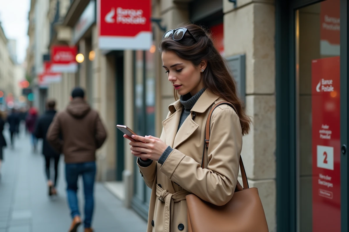 Une femme consultant son smartphone devant une agence La Banque Postale pour joindre le service client